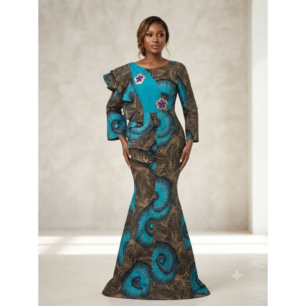 BAZINRICHE African Print Ankara Maxi Dress Teal Black Gold M Long Sleeved Party